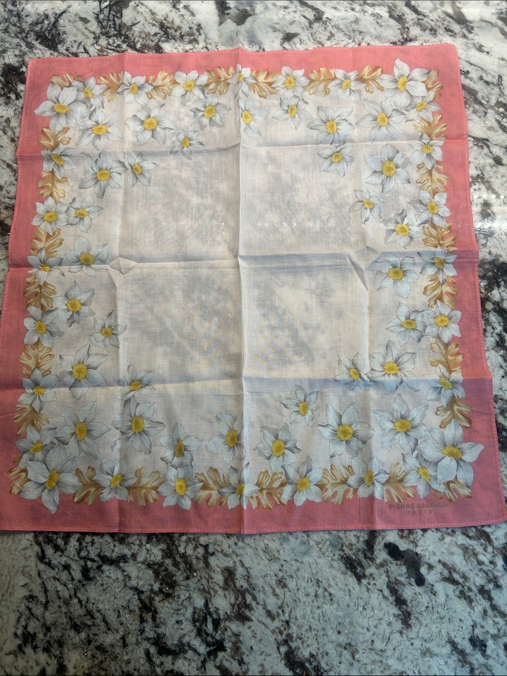 Pierre Balmain White Floral Scarf with Pink Border